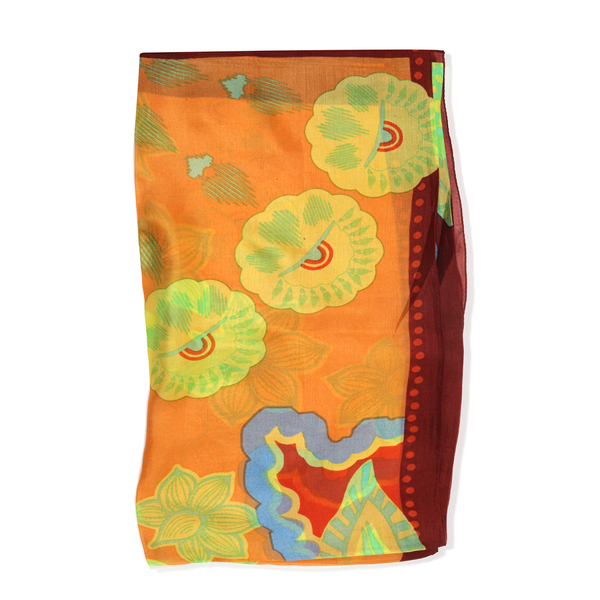 100% Mulberry Silk Multi Colour Floral Pattern Orange Colour Scarf (Size 180x100 Cm)