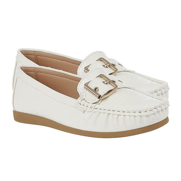 Lotus Buckle Detailing White Loafer