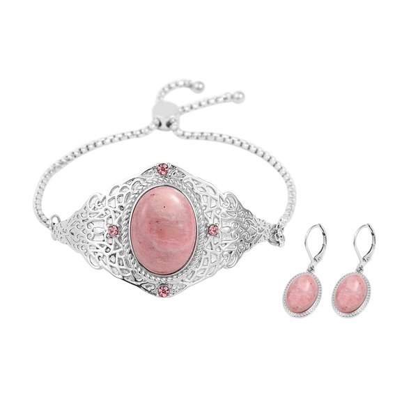 2 Piece Set - Rhodochrosite and Pink Crystal Adjustable Bracelet (Size 6.5 - 9.5) and Lever Back Ear