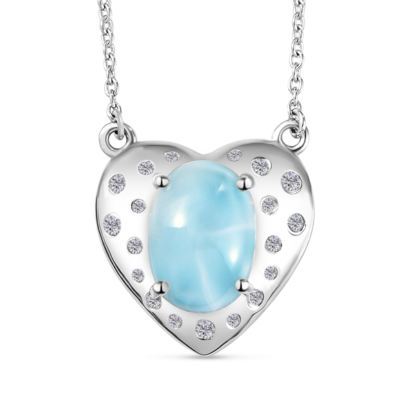 Larimar and Natural Cambodian Zircon Heart Necklace (Size - 18) in Platinum Overlay Sterling Silver 