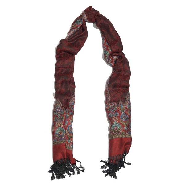 Red, Maroon and Multi Colour Scarf with Tassels (Size 180x70 Cm)