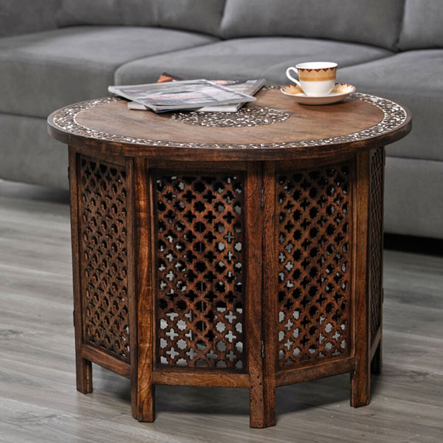 NAKKASHI Hand Carved Solid Mango Wood Round Table in Natural Finish