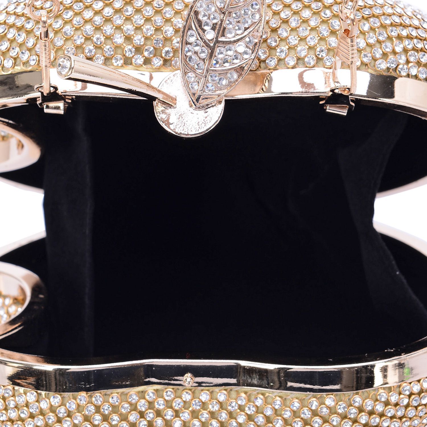 Austrian Crystal Diamante Clutch Bag in Gold Tone with Removable Chain Strap (Size 13x12 Cm)
