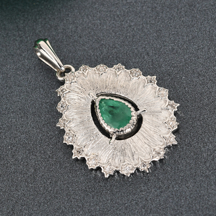 Kagem Zambian Emerald, Natural Cambodian Zircon and Blue Sapphire Pendant in Platinum Overlay Sterli