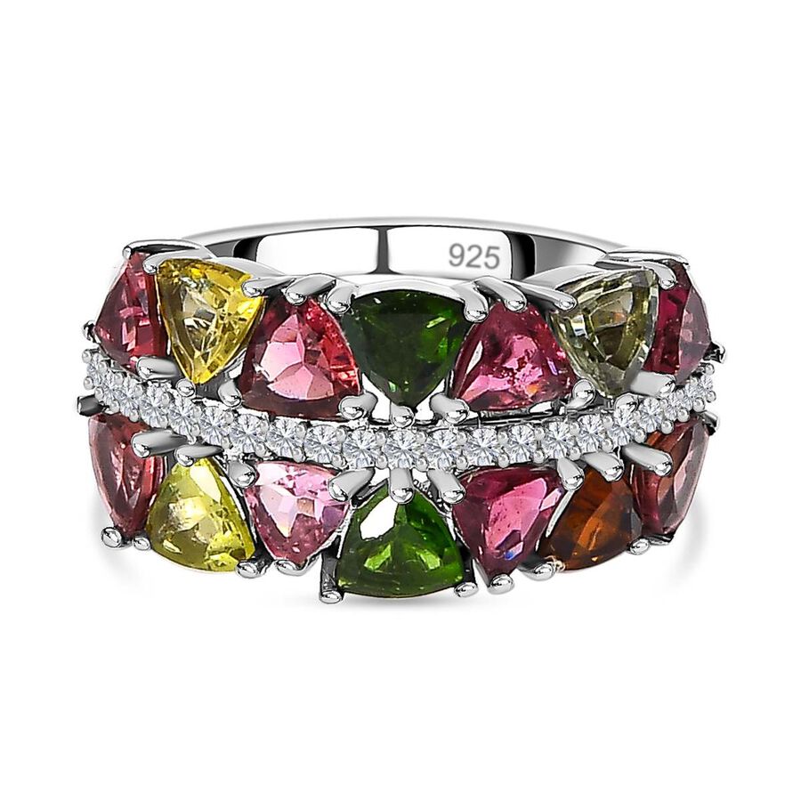 Multi-Tourmaline & Natural Zircon Ring in Platinum Overlay Sterling Silver 3.56 Ct.