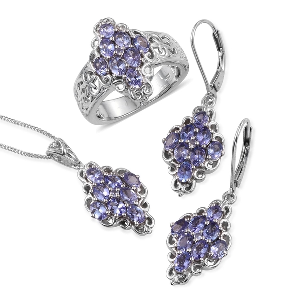 Tanzanite (Ovl) Ring, Pendant With Chain and Lever Back Earrings in Platinum Overlay Sterling Silver