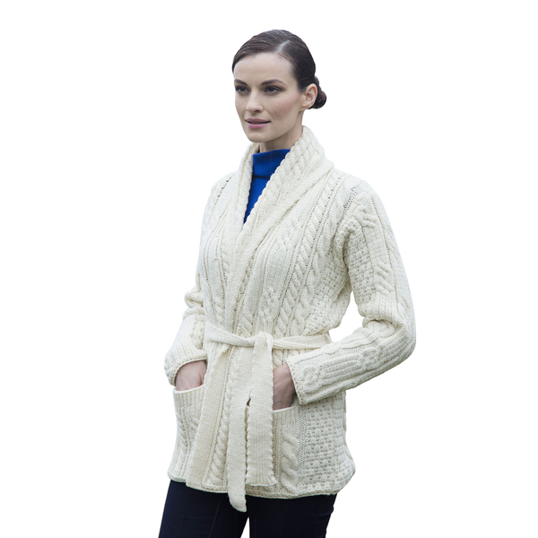 Carraig Donn 100% Merino Wool Knitted Women Cardigan with Tie- Off White - S size
