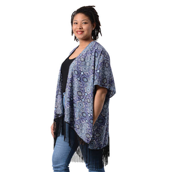 Printed Kimono with Tassel in Blue (Size 90x70+15cm)