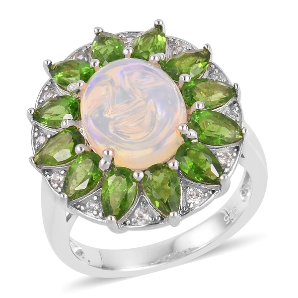 4.95 Ct Ethiopian Opal and Multi Gemstone Floral Halo Ring in Rhodium Plated Sterling Silver