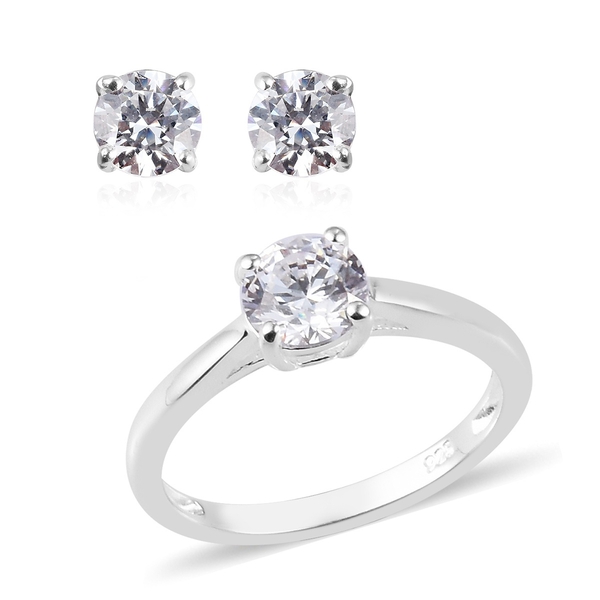 Super Find - 2 Piece Set - J Francis Sterling Silver Stud Earrings (with Push Back) and Solitaire Ri