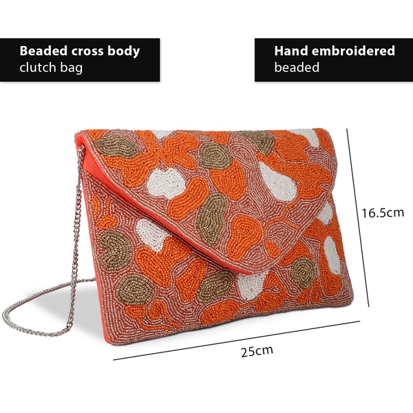 Hand embroidered Beaded Pattern Crossbody Clutch Bag with Shoulder Strap (Size 25x16 Cm) - Orange