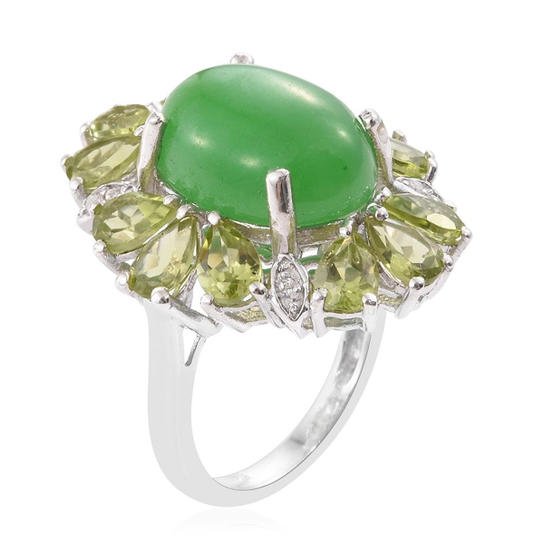 Green Jade (Ovl 11.35 Ct), Hebei Peridot and Natural Cambodian Zircon Ring in Platinum Overlay Sterling Silver 16.500 Ct.
