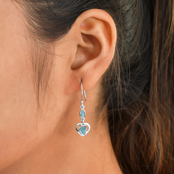 Artisan Crafted Polki Blue Diamond Heart Earrings (With Hook) in Platinum Overlay Sterling Silver 0.32 Ct.