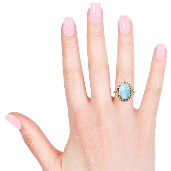 Larimar (Ovl 10.00 Ct), Multi Sapphire Ring in 14K Gold Overlay Sterling Silver 11.500 Ct