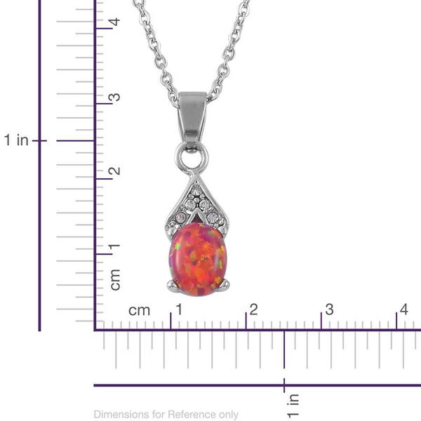 Simulated Red Opal and Simulated White Diamond Pendant With Chain and Earrings (with Push Back) in Stainless Steel
