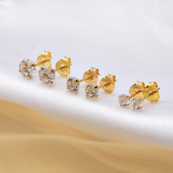 Set of 3 - ELANZA Simulated Diamond Stud Earrings (with Push Back) in Yellow Gold Overlay Sterling Silver