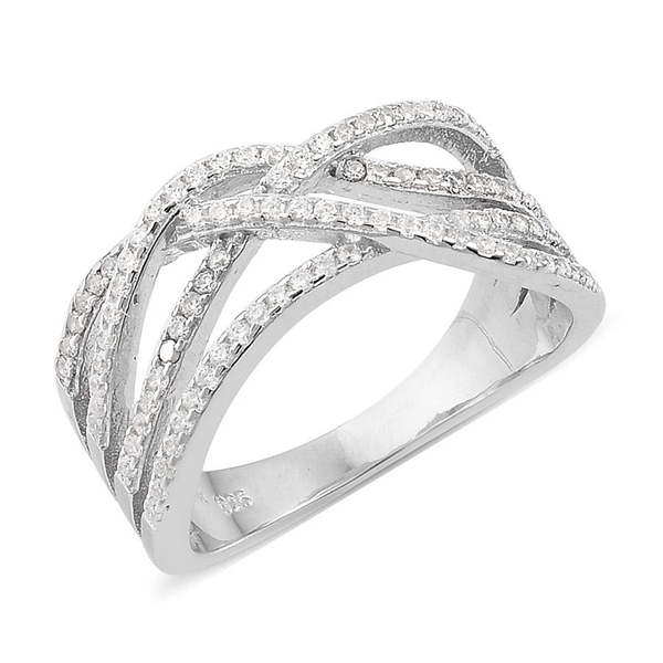 ELANZA AAA Simulated White Diamond Criss Cross Ring in Rhodium Plated Sterling Silver
