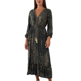 TAMSY Viscose Printed Midi Dress with Tassels - Khaki