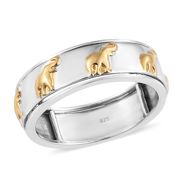 Designer Inspired-Yellow Gold and Rhodium Plated Sterling Silver Elephant Spinner Ring, Silver wt. 5
