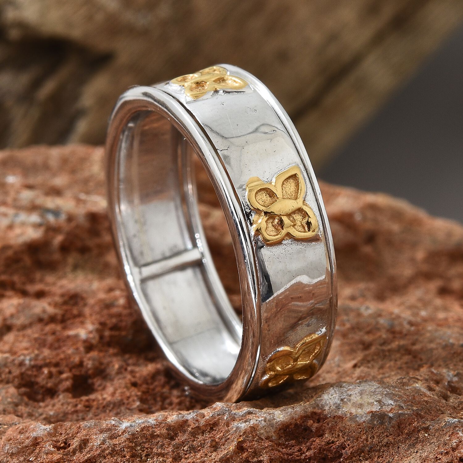 Designer Inspired-Yellow Gold and Rhodium Plated Sterling Silver Butterfly Spinner Ring, Silver wt. 5.09 Gms.