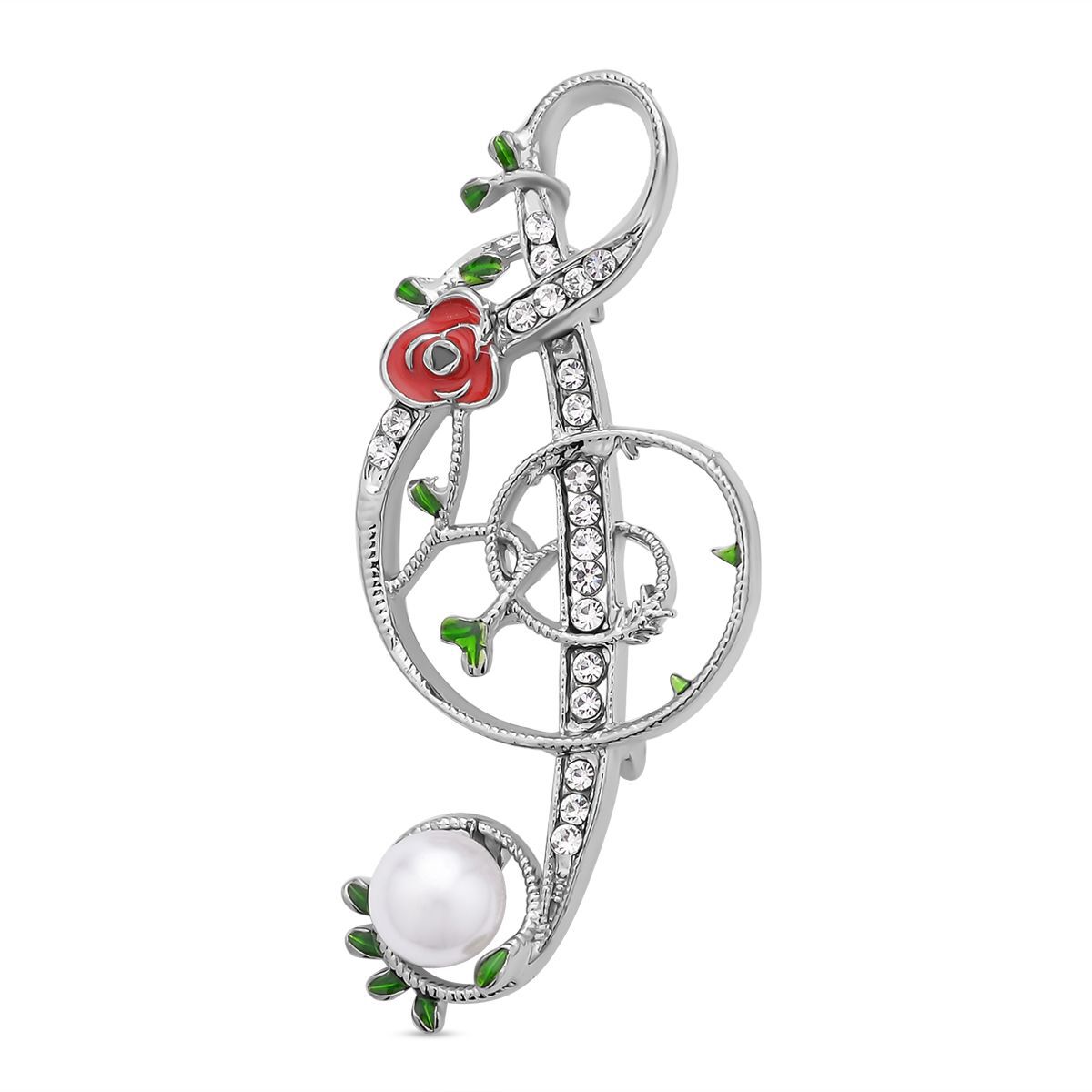 Set of 2 - Simulated Pearl and White Austrian Crystal Musical Note & Sailboat Brooch With Enamelling in Silver Tone