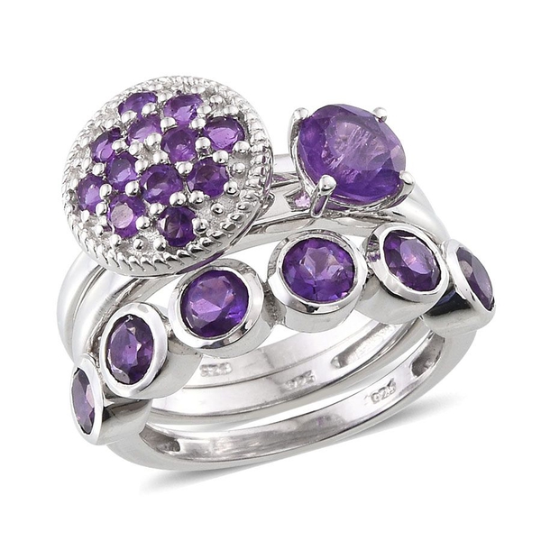 Set of 3 - Lusaka Amethyst (Rnd) Solitaire, Half Eternity and Cluster Ring in Platinum Overlay Sterling Silver 2.500 Ct.