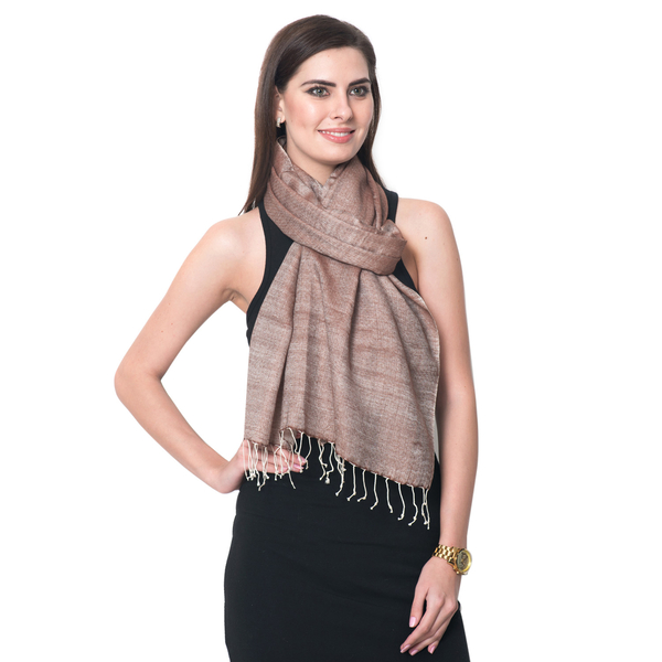 Mulberry Silk, Merino Wool Blend (50%) Handloom Chocolate and Silver Colour Reversible Motif Scarf (