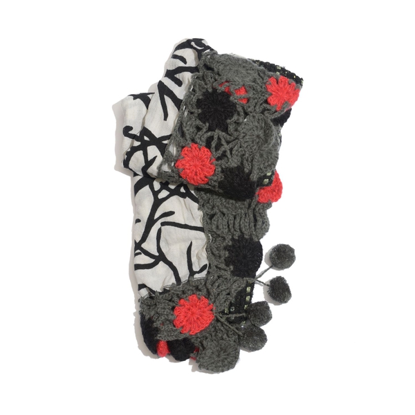 Red, Black and Grey Colour Winter Scarf with Fringes (Size 175x60 Cm)