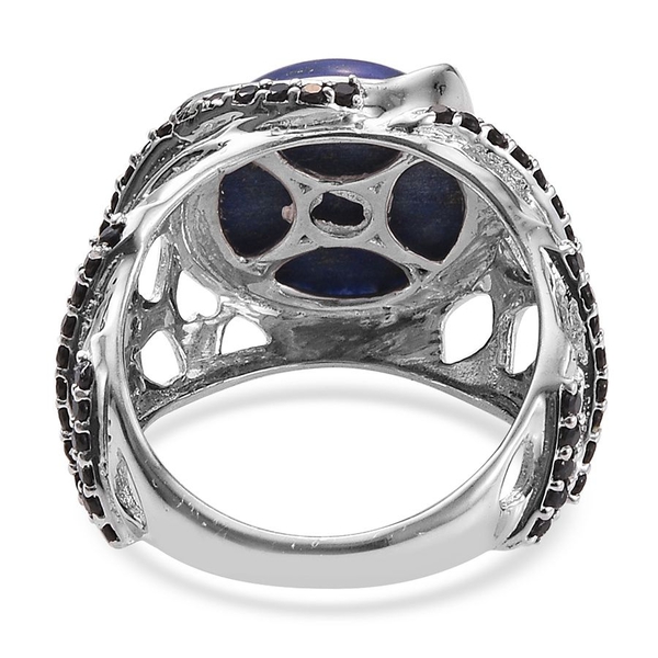 GP Lapis Lazuli (Rnd 6.00 Ct), Boi Ploi Black Spinel and Kanchanaburi Blue Sapphire Ring in Platinum Overlay Sterling Silver 6.530 Ct.