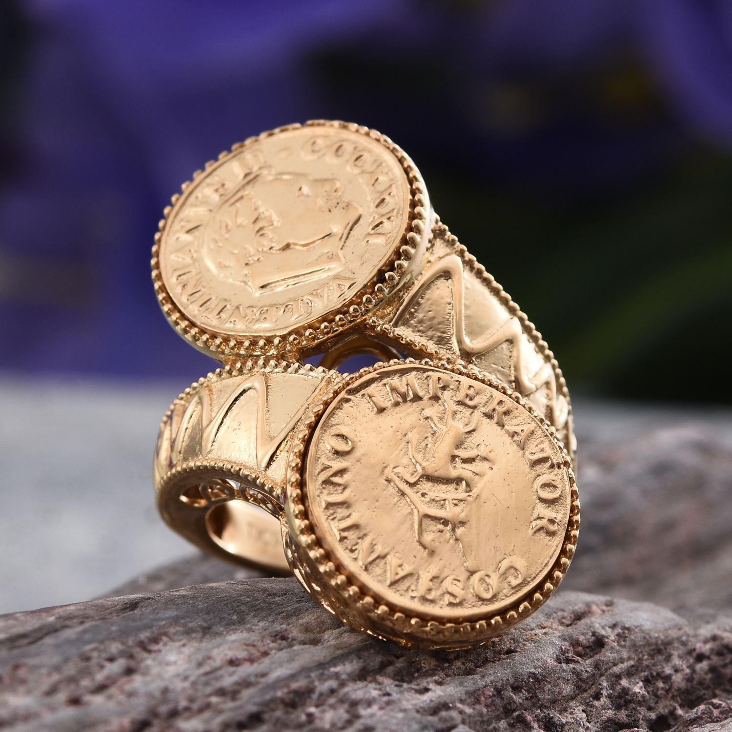 Stefy Pink Sapphire (Rnd) Crossover Ring with Coin in 14K Gold Overlay Sterling Silver