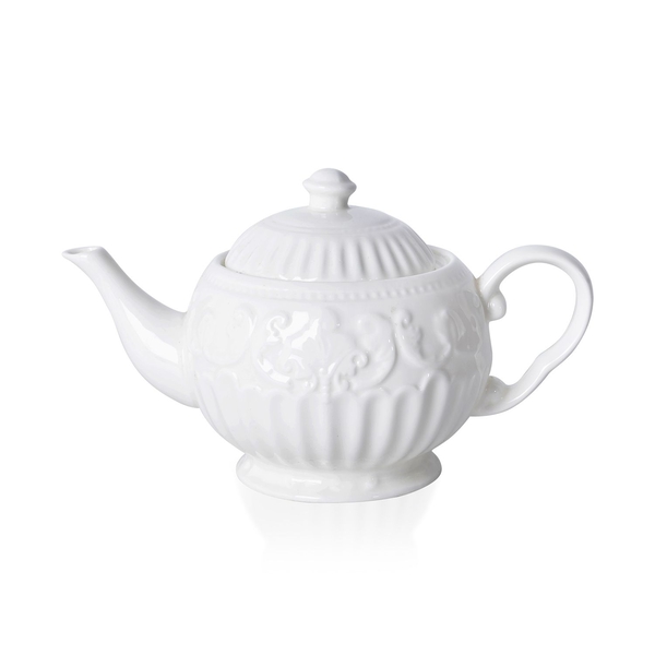 22 Piece Set - Art Deco - Flower Embossed Tea Set (Consists of 6 Cups, 6 Saucers, 7 Spoons, 1 Sugar Jar, 1 Milk Jar, 1 x 750ml Tea Pot) - White