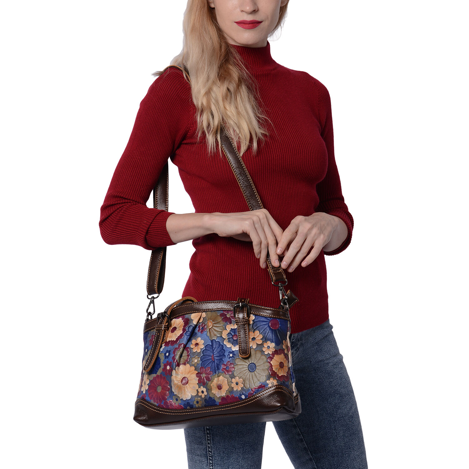 100% Genuine Leather Embossed Floral Pattern Satchel Bag (Siz3 31x9x21cm) - Blue and Multi Colour
