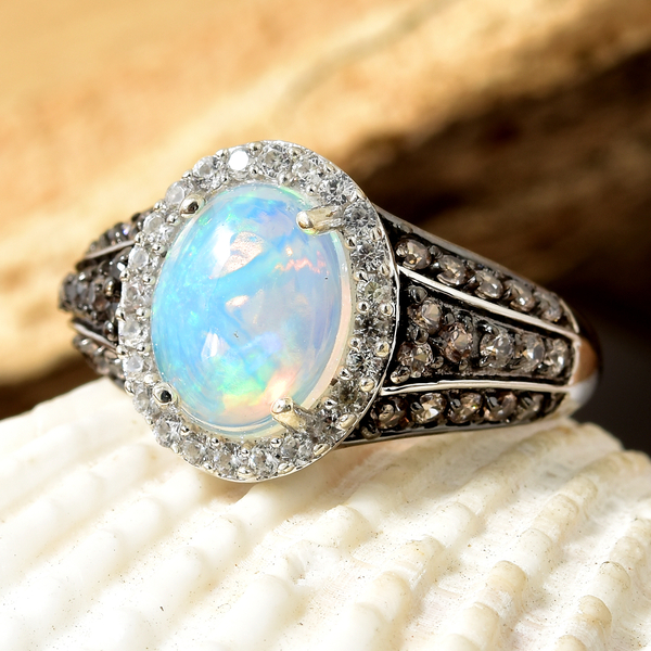 Ethiopian Welo Opal (Ovl 10x8 mm), Chocolate Zircon and Natural Cambodian Zircon Ring in Platinum and Black Overlay Sterling Silver 2.500 Ct.