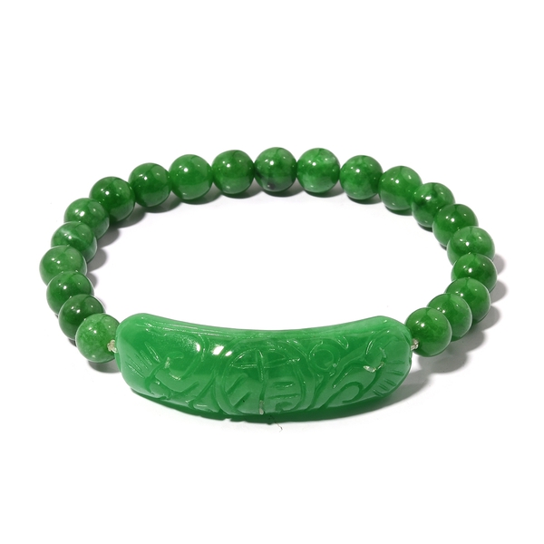 Extremely Rare Hand Carved AAA Green Jade Stretchable Beaded Bracelet 6 Inch