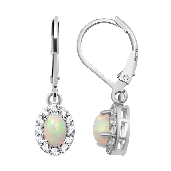 Ethiopian Welo Opal and Natural Cambodian Zircon Dangling Earrings (with Lever Back) in Rhodium Overlay Sterling Silver 1.54 Ct.