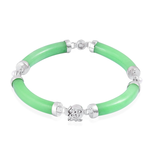 Green Jade and Fresh Water White Pearl Bracelet (Size 7.5) in Rhodium Plated Sterling Silver 65.850 