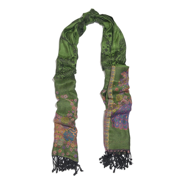 Green, Pink and Multi Colour Peacock Pattern Jacquard Scarf with Tassels (Size 180X70 Cm)