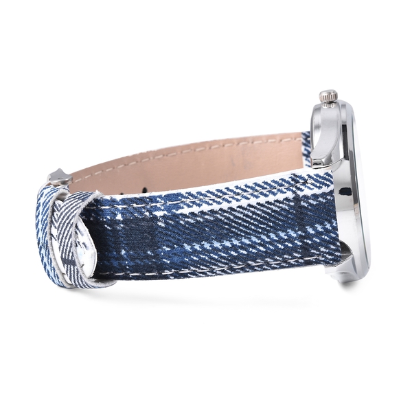 2 Piece Set - Multicolour Checker Pattern Scarf and STRADA Japanese Movement Austrian White Crystal (Rnd) Water Resistant Watch in Stainless Steel with Blue and White Colour Strap and Blue Dial
