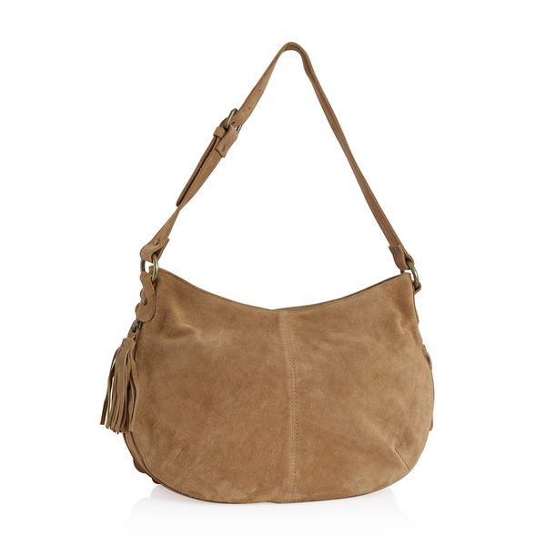 Genuine Leather Tan Scalloped Bag with Adjustable Shoulder Strap (Size 42x24 Cm)