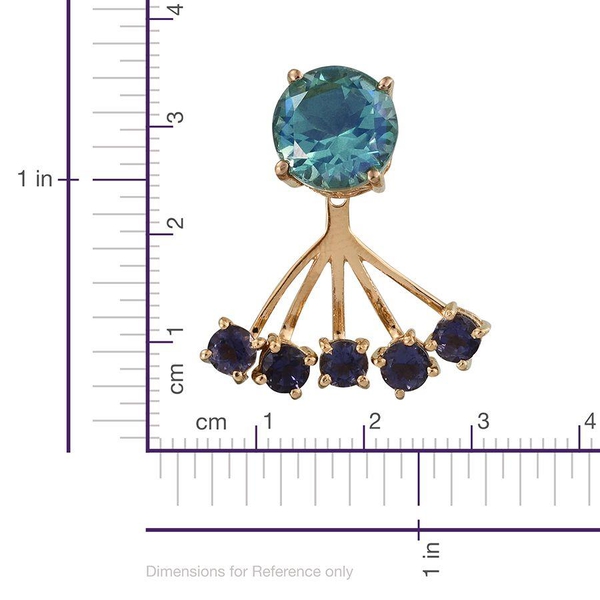 Peacock Quartz (Rnd), Iolite Jacket Earrings (with Push Back) in 14K Gold Overlay Sterling Silver 9.750 Ct.