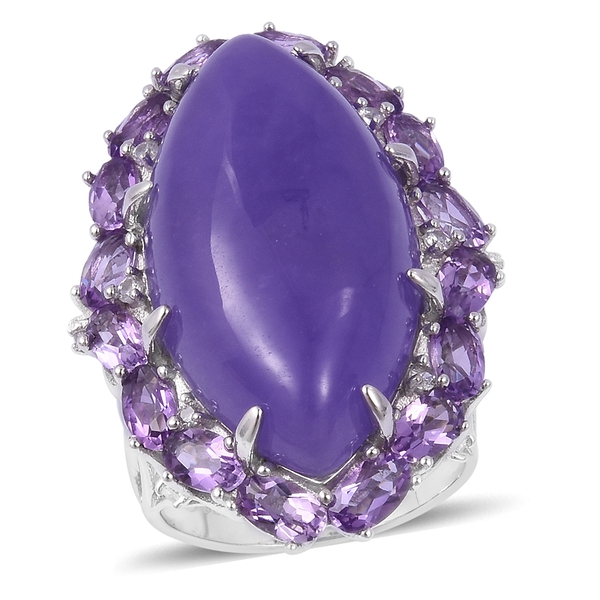Purple Jade (Mrq 23.75 Ct), Rose De France Amethyst and Natural White Cambodian Zircon Ring in Plati