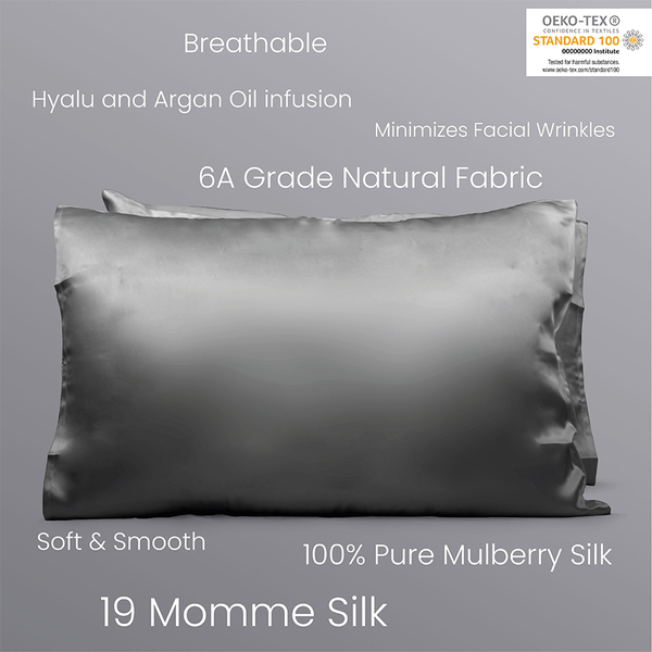 Set of 2 - 100% Mulberry Silk Pillowcase (Size:50x75cm) - Dark Grey