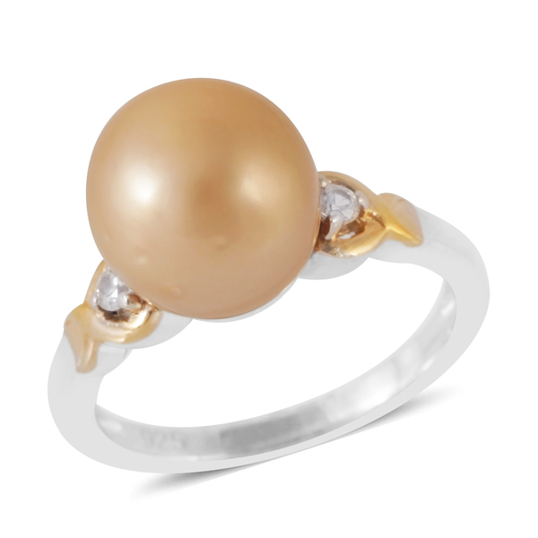 South Sea Golden Pearl (Rnd 10-11mm), White Zircon Ring in Yellow Gold and Rhodium Plated Sterling S
