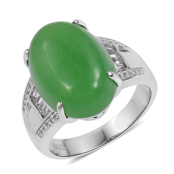 Green Jade (Ovl 14.00 Ct), White Topaz Ring in Rhodium Plated Sterling Silver 14.505 Ct. Silver wt 5
