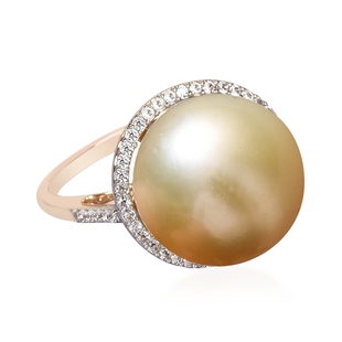 9K Yellow Gold Golden South Sea Pearl and Natural Cambodian Zircon Ring