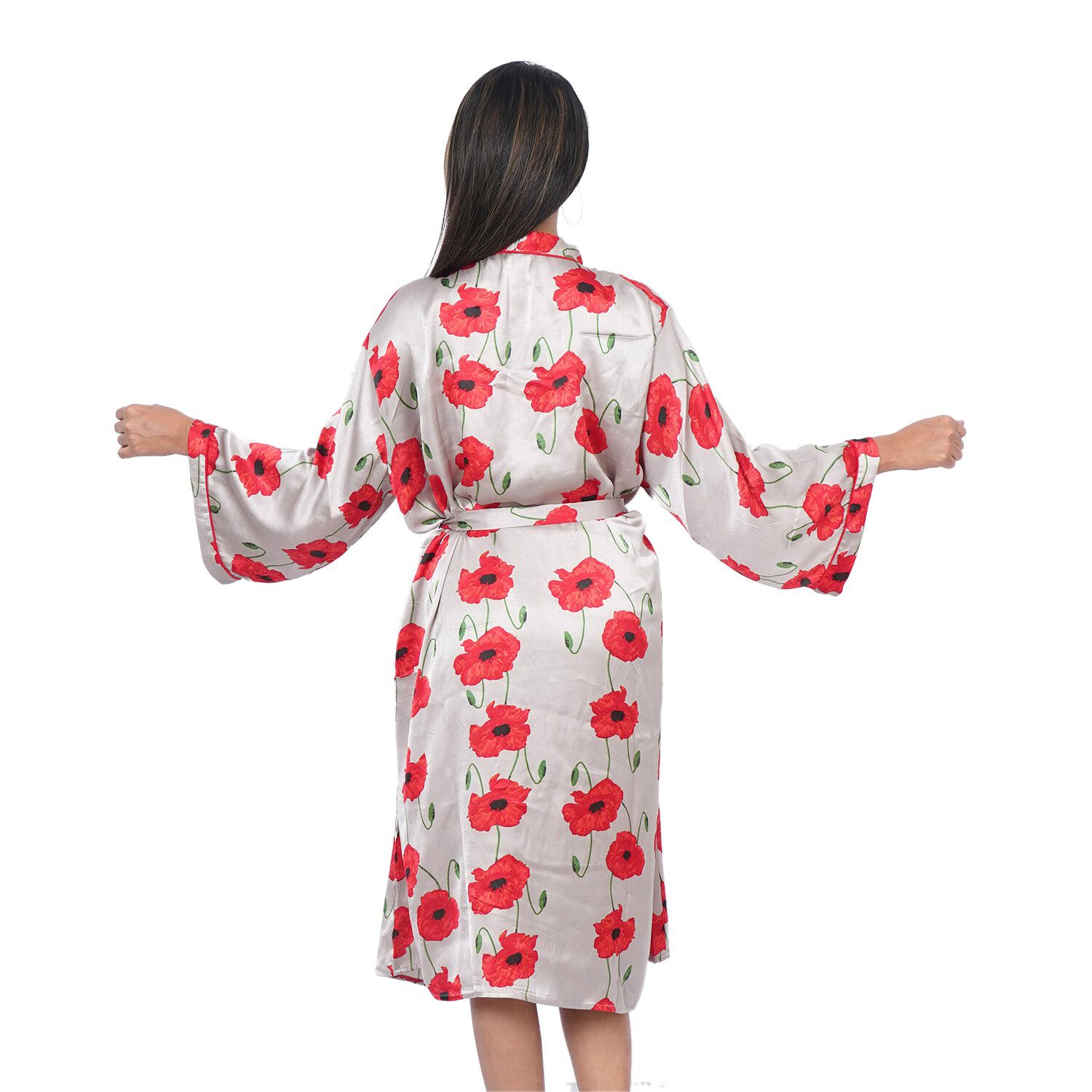 Floral Printed Satin Robe with Bell Sleeve (Size L  16-18  Length: 110cm) - Grey