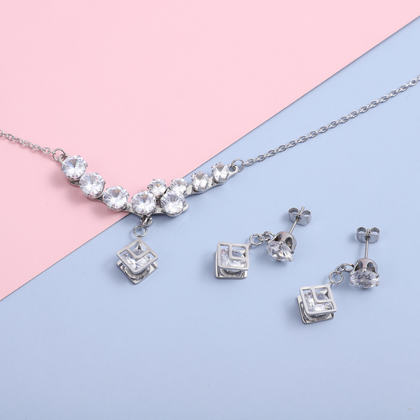 2 Piece Set - Simulated Diamond Necklace (Size 20 with 2 inch Extender) and Earrings (with Push Back) in Silver Colour