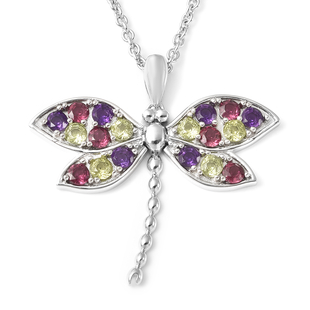 LucyQ Dragonfly Collection - Rhodolite Garnet, Natural Hebei Peridot & Amethyst Pendant with Chain (