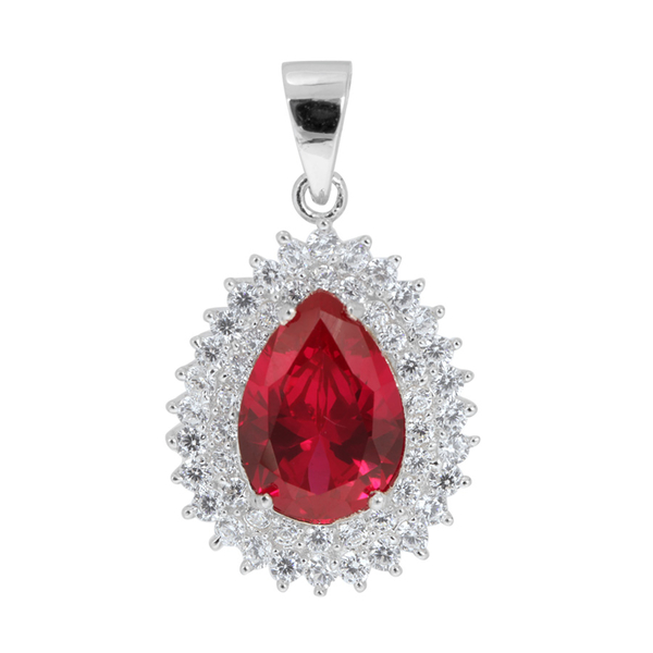 ELANZA AAA Simulated Ruby (Pear), Simulated Diamond Pendant in Rhodium Plated Sterling Silver