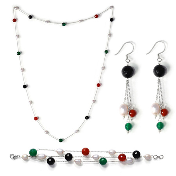 Multi Gem Stone Hook Earrings, Bracelet (Size 7.5) and Necklace (Size 50) in Platinum Overlay Sterli